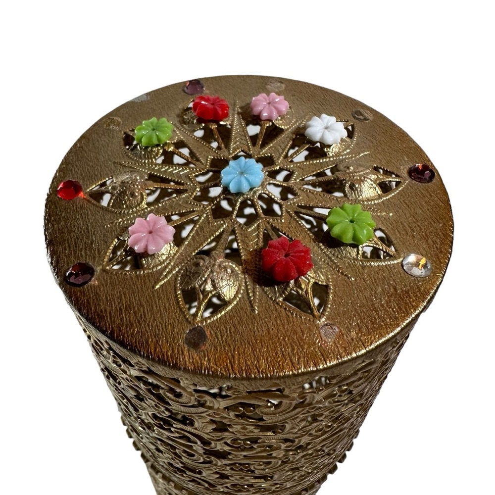 Vintage Gold Filigree Hairspray Can Holder Hollywood Regency Enamel Flowers